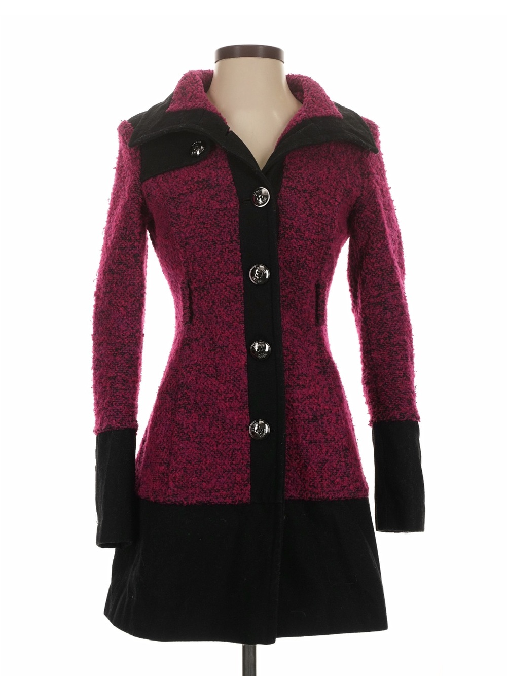 Black Rivet Fuchsia and Black Two-Tone Button-Front Pea Coat
